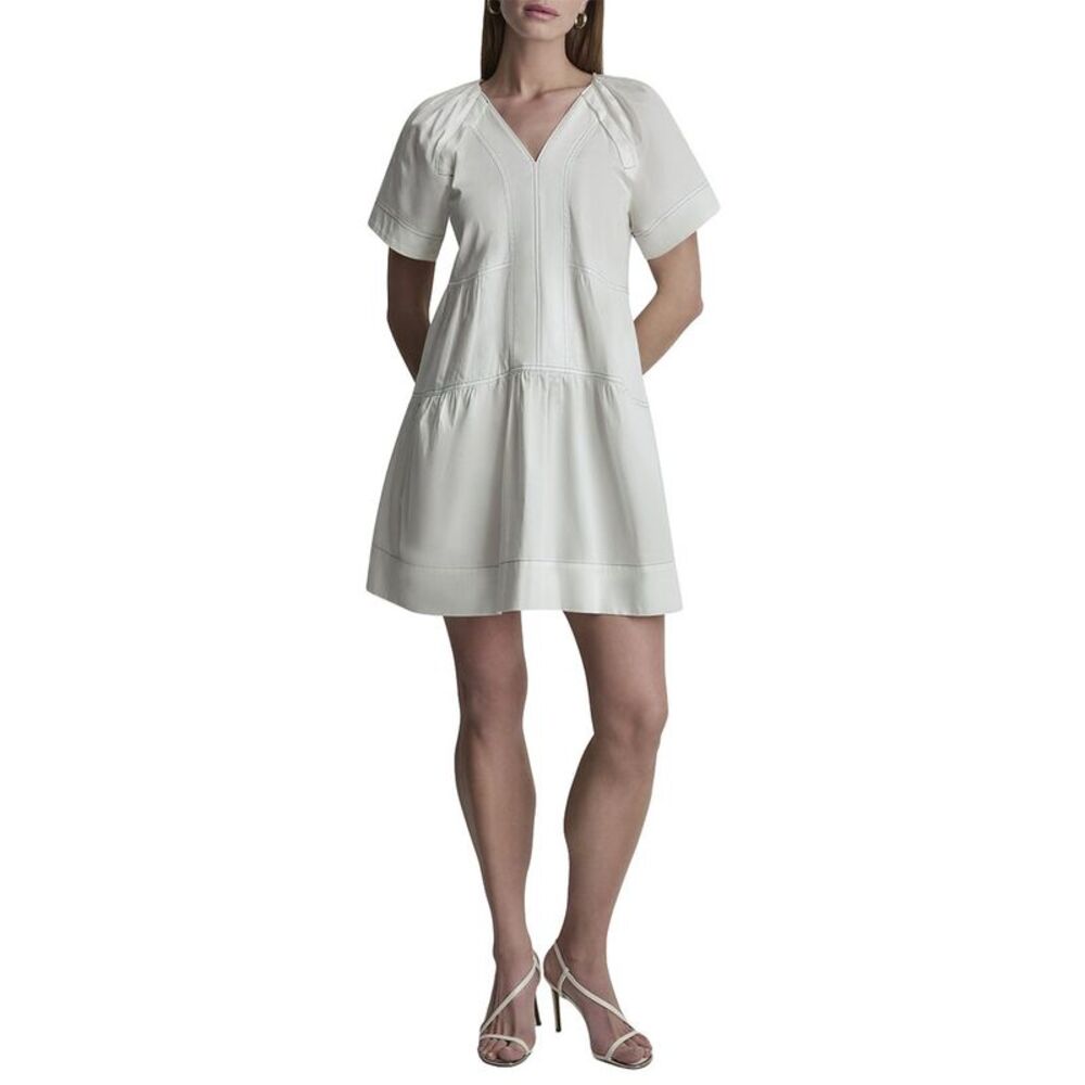 Dkny Womens  Pleated Contrast Stitch Dress, White